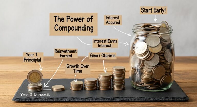 Illustration showing how compound interest grows savings for a personal finance article