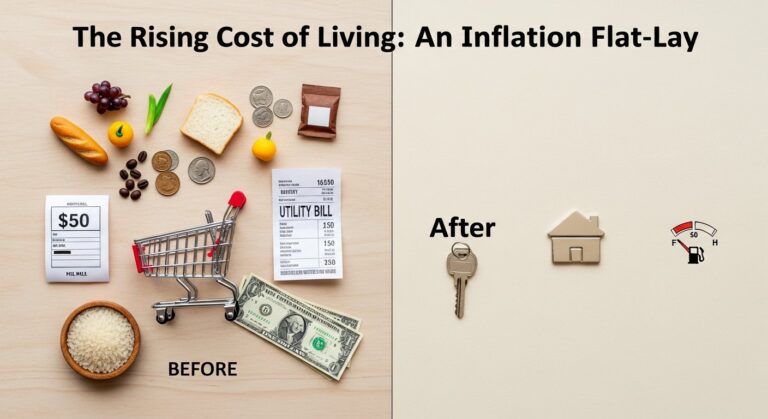 Personal finance inflation illustration with rising price tags and an upward arrow