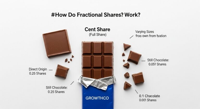 Illustration of fractional-share investing: partial stock certificates, coins, and rising chart for personal finance article