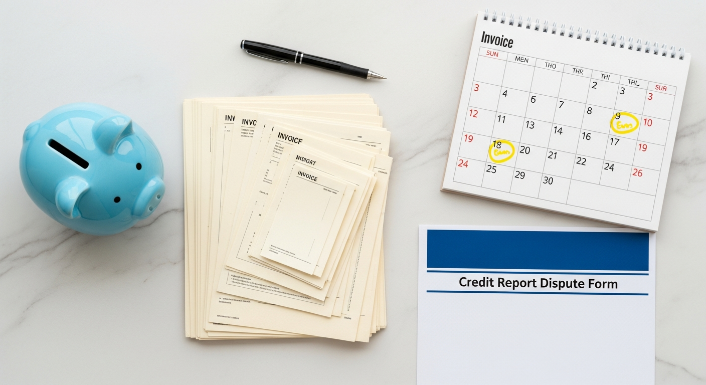 Documents and a magnifying glass illustrating the credit report dispute process with credit bureaus.