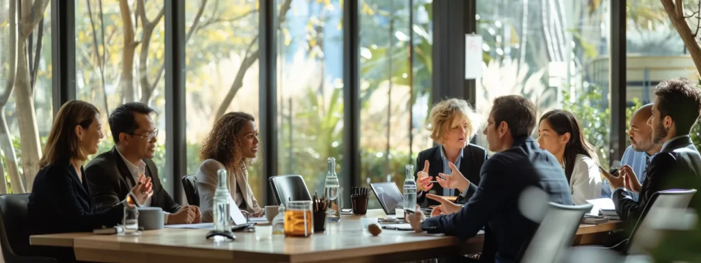 a group of business professionals sitting around a table discussing the benefits of your hometown mover for long distance moving.