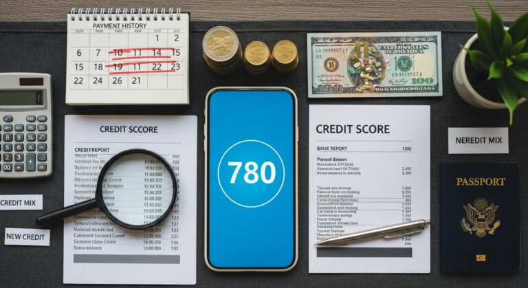 Credit score gauge illustration with coins and documents for personal finance and career & lifestyle news