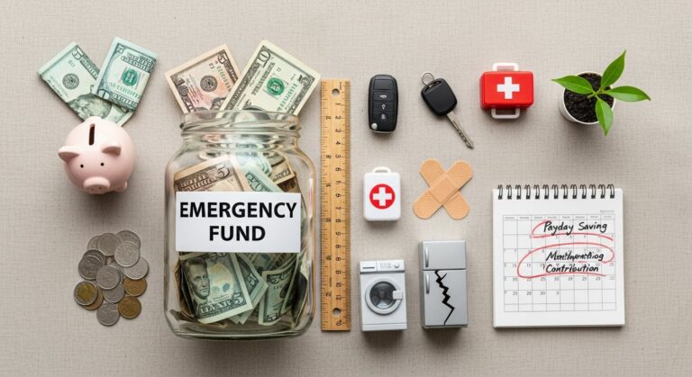 Personal finance emergency fund illustration: stacked coins, piggy bank and first-aid kit