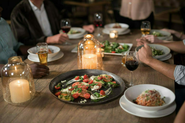 a table with food and drinks