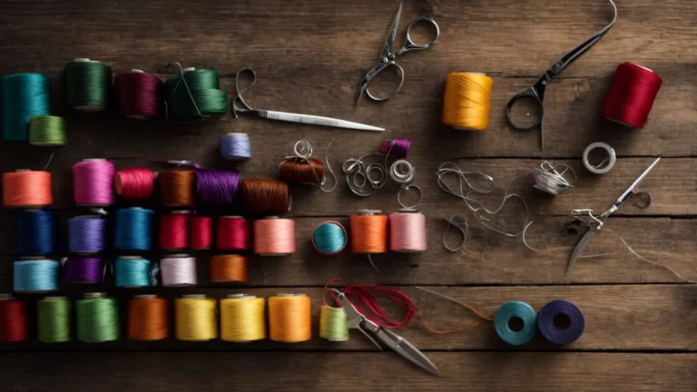 a variety of colorful threads, fabric swatches, scissors, pins, and measuring tape are neatly arranged on a wooden table.