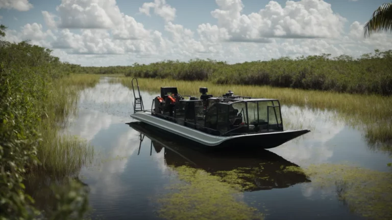 an airboat speeds across the glassy surface of the everglades, surrounded by lush greenery and open skies.