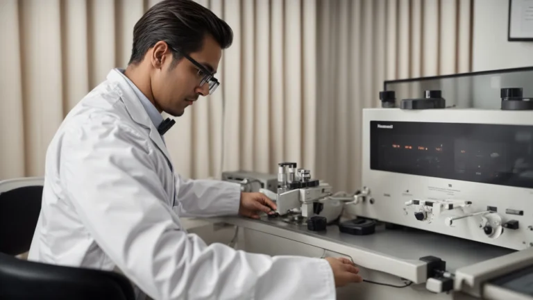 audiologist using well-maintained equipment to perform a hearing test on a patient.