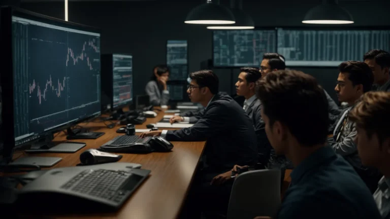 a professional team gathers around a computer, discussing a digital chart displayed on the screen.