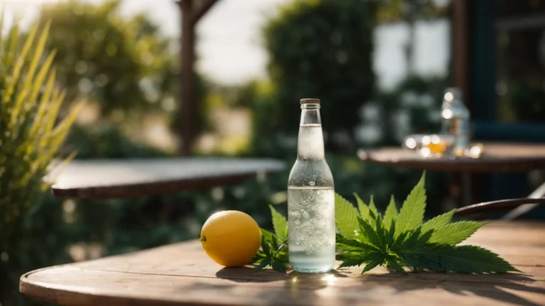 a chilled bottle and a glass filled with sparkling seltzer on a sunny outdoor table, surrounded by fresh cannabis leaves.