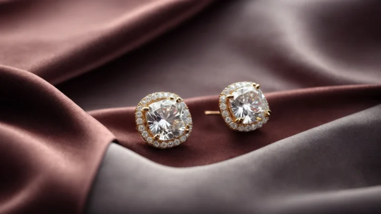 sparkling lab-grown diamond earrings gleam as they lay atop a velvet cushion, embodying both luxury and eco-conscious elegance.