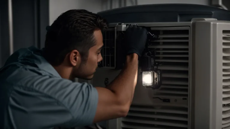 a professional technician is examining a residential air conditioning unit with a flashlight.
