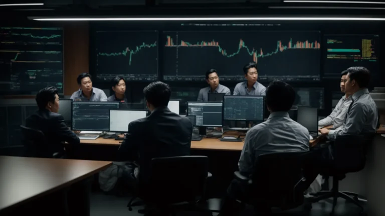 a team of professionals gathered around a large computer screen, discussing strategies.