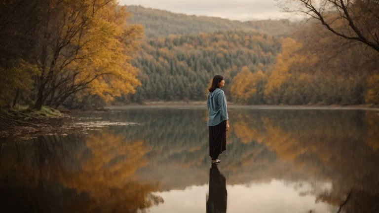 a woman over 40, reflected in a peaceful lake, meditatively stands at the water's edge amidst a serene natural landscape.