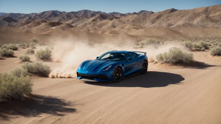 a luxurious sports car speeds across the vast, open desert landscape under the clear blue sky of arizona.