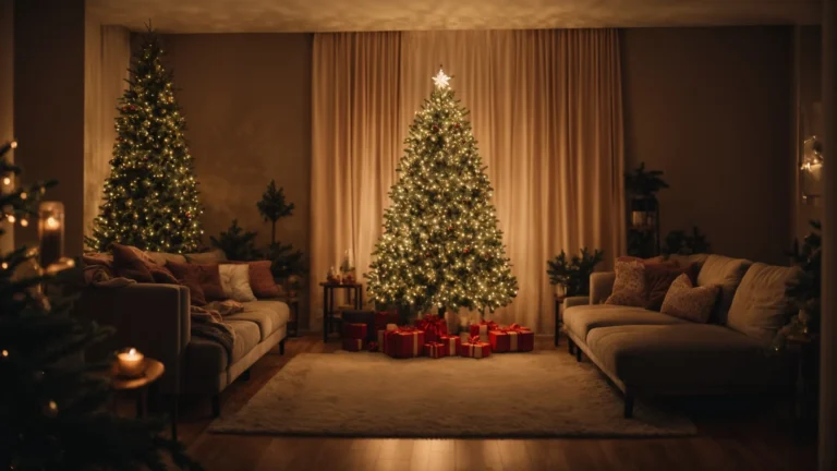 a warmly lit christmas tree stands in a cozy living room, its lights casting a soft glow on the festive decorations around it.