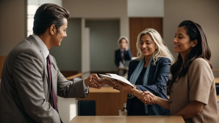 a birth injury lawyer is shaking hands with grateful parents in a courthouse.