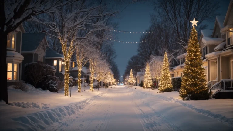 a neighborhood street is lined with houses decorated with twinkling christmas lights, casting a warm glow on the snowy landscape.