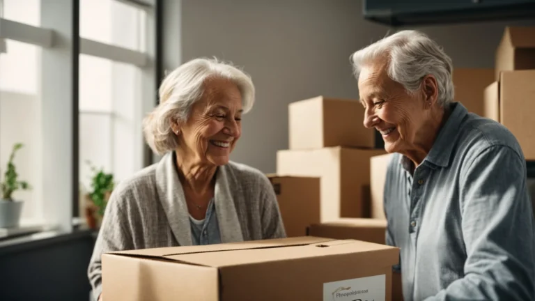 a senior couple smiling while unpacking boxes in a bright, new apartment.