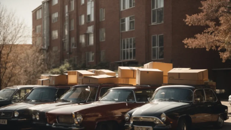 a packed car with boxes and luggage parked outside a dormitory on a sunny day.