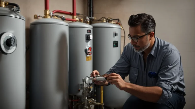 an experienced technician is examining a tankless water heater installed on a home wall.