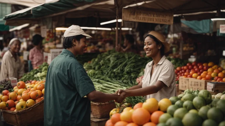 a shopper shaking hands with a smiling market vendor standing behind a stall overflowing with fresh produce.