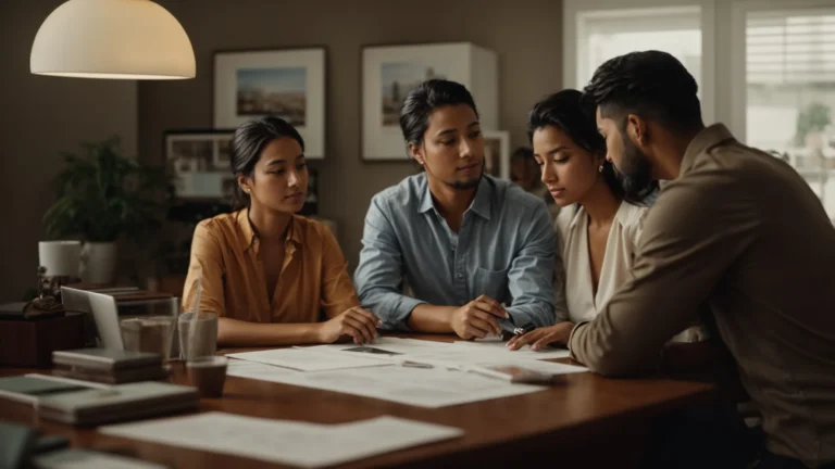 a couple consulting with a professional at a desk, with a house model nearby.
