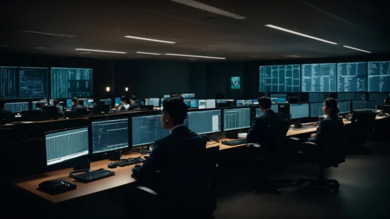 a cybersecurity team analyzes data on multiple computer screens in a dimly lit operations center.
