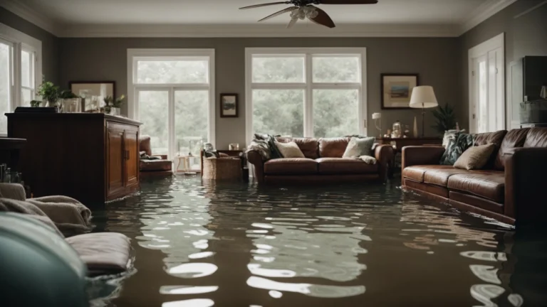 a home's living room flooded with water, with furniture and belongings soaked and floating.