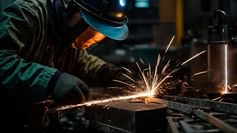 bright sparks fly as a skilled welder confidently joins metal pieces, focusing intensely on his craft.
