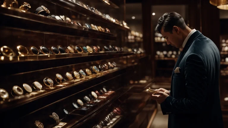 a man admiring a selection of signet rings displayed on a rich, velvet cushion in a luxurious jewelry store.