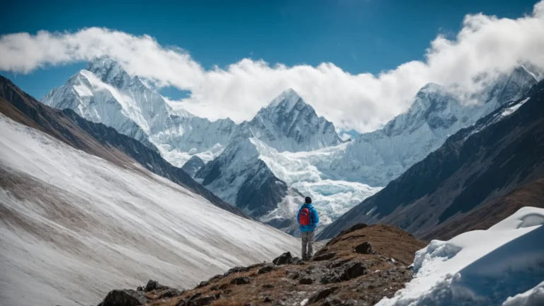 a hiker gazes at the awe-inspiring view of snow-capped himalayan peaks under a bright blue sky.