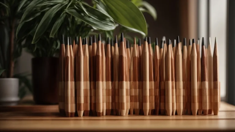 a close-up view of a collection of wooden pencils arranged on a desk next to a potted plant in natural daylight.