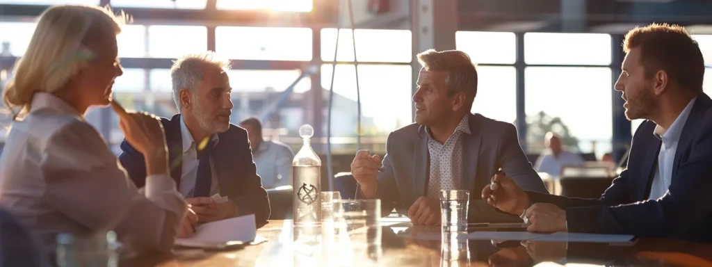 a group of business professionals discussing roofing preventative measures with an anchor symbol in the background.