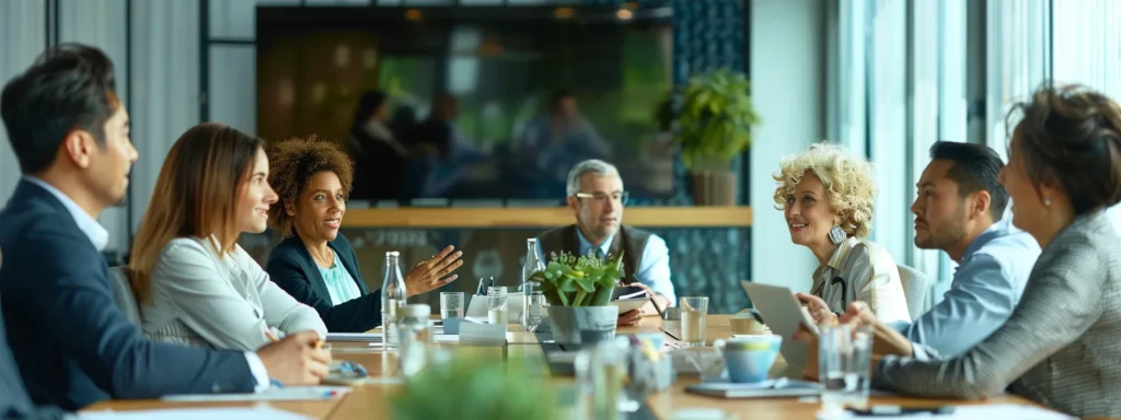 a group of professionals in a meeting room discussing wedding favor production timelines and seasonal factors.