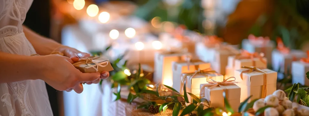 a person carefully selecting personalized wedding favors from a table of options.
