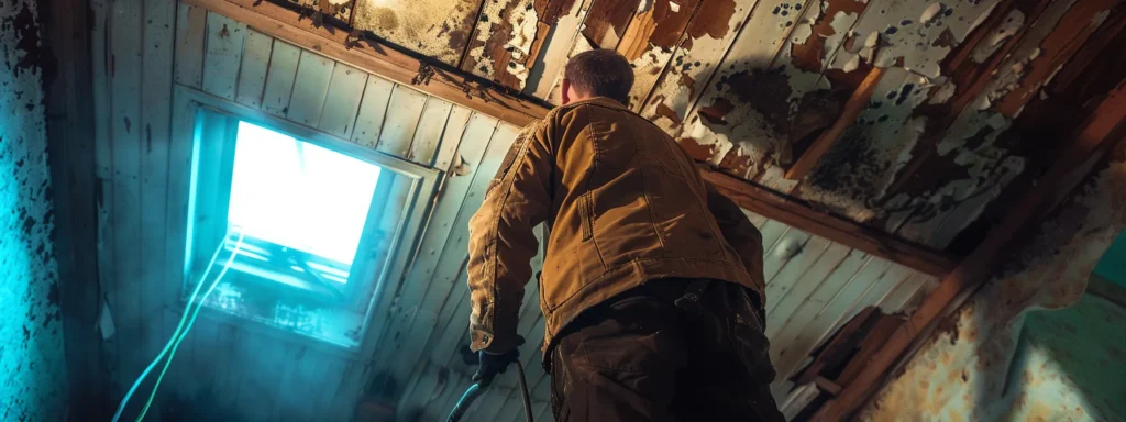 a professional roofer inspecting a sagging ceiling and water stains on a roof.
