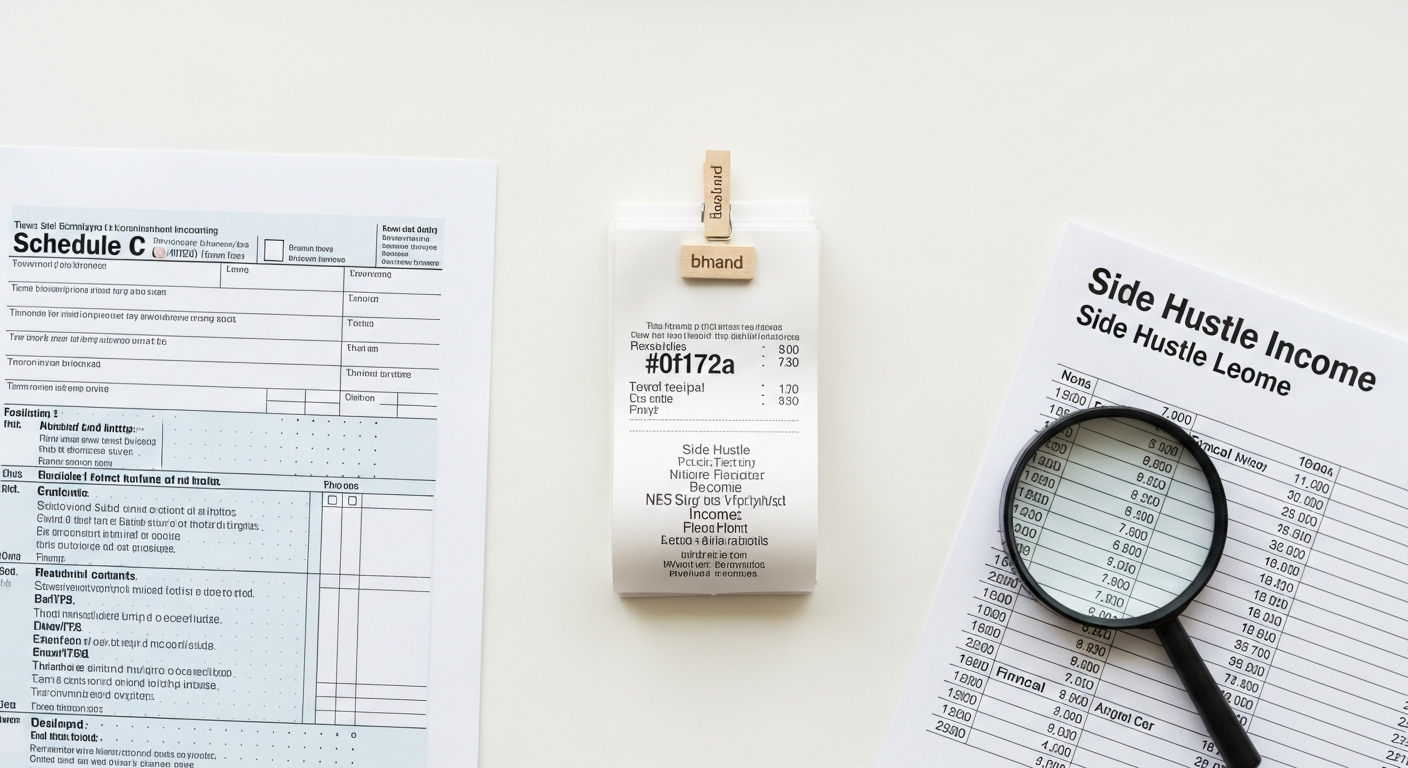 Person reviewing tax forms and financial documents for side hustle income.