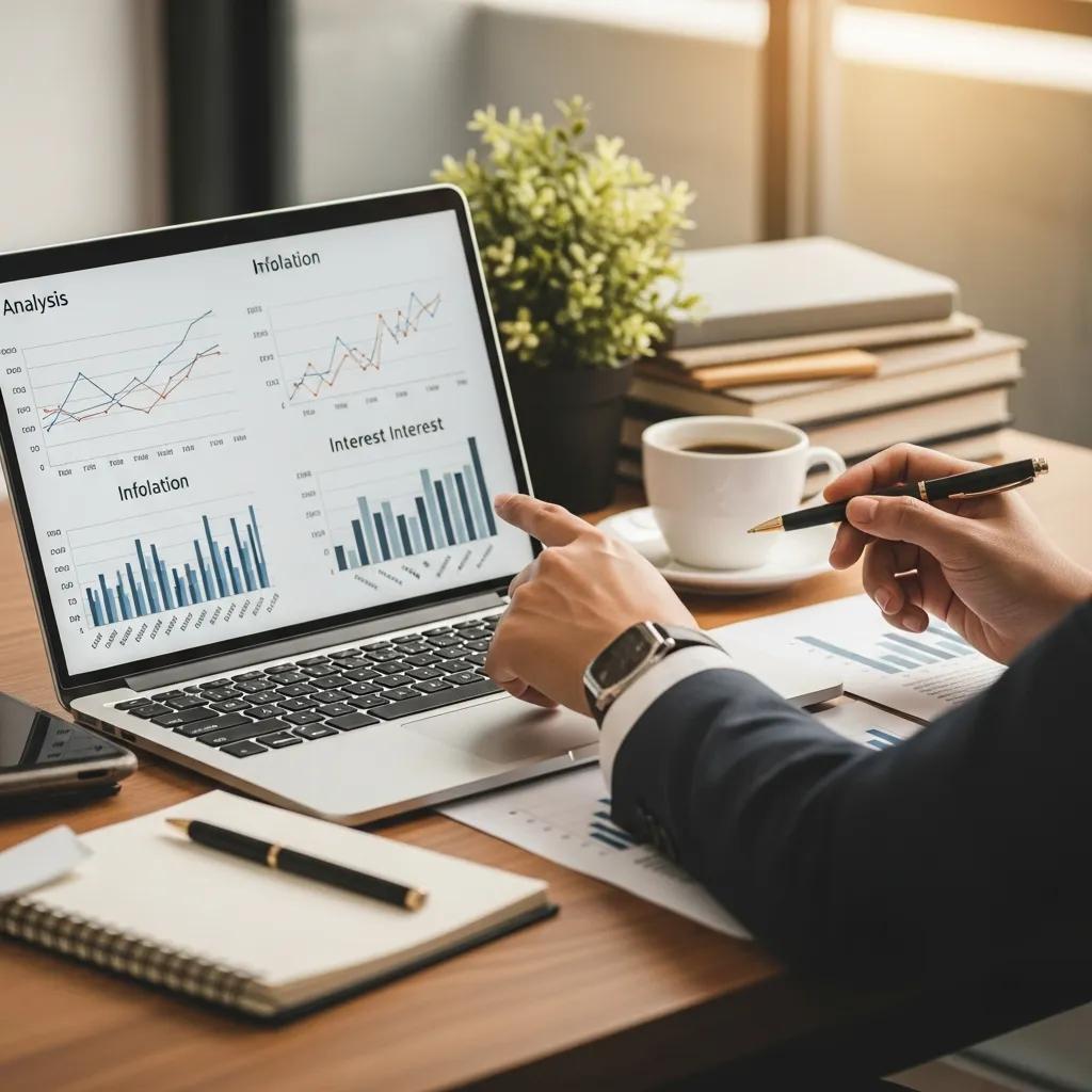 Person analyzing financial documents and graphs related to inflation and interest rates