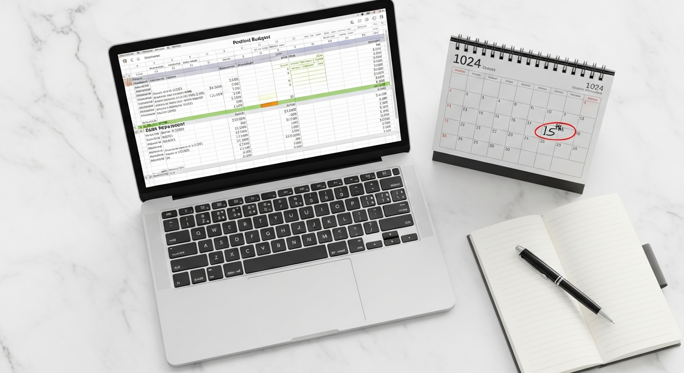 Financial budget spreadsheet showing income and student loan expenses