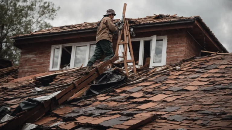 a worker on a ladder is repairing tiles on a damaged house roof after a storm.
