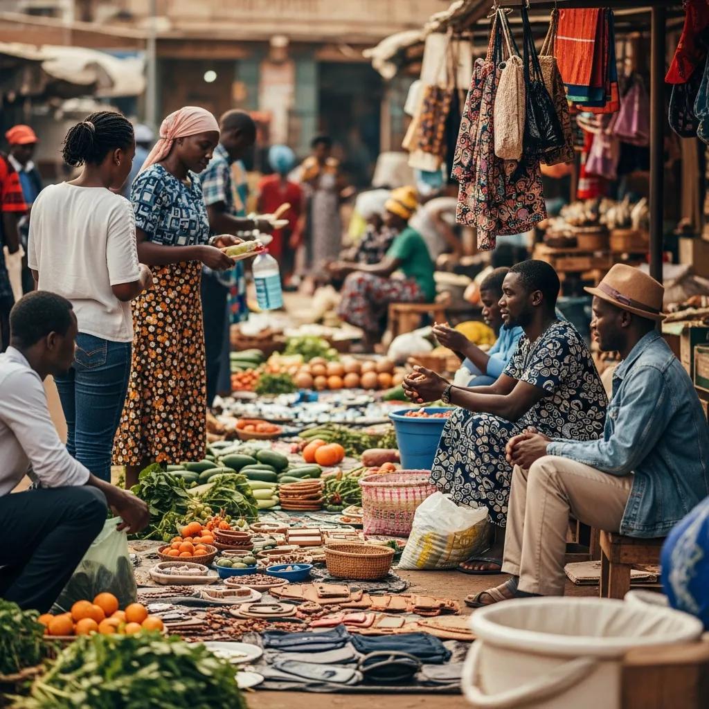 Vibrant market scene in an African city showcasing local vendors and community engagement