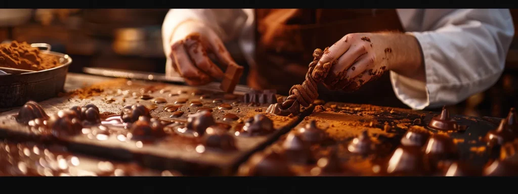 a professional chocolatier carefully crafting gourmet artisan chocolates tied to an anchor.