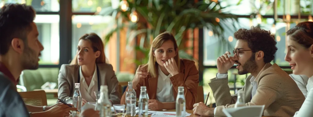 a group of professionals gathering around a table, engaged in a lively discussion about advocacy for equity and legal rights.