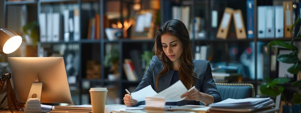 a professional businesswoman reviewing paperwork while sitting at a desk with a computer and phone, surrounded by legal books and resources.