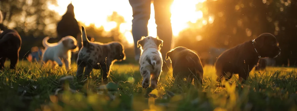a professional trainer gently guiding a young puppy towards a group of friendly dogs for socialization.