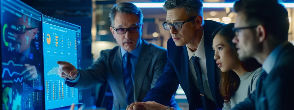 a group of business professionals gather around a table, pointing at a computer screen displaying mts sussex automation features.