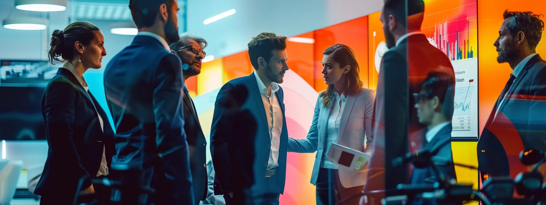 a group of professionals in suits surrounding a chart with the logo of mts sussex, discussing the benefits of their motorcycle training program.