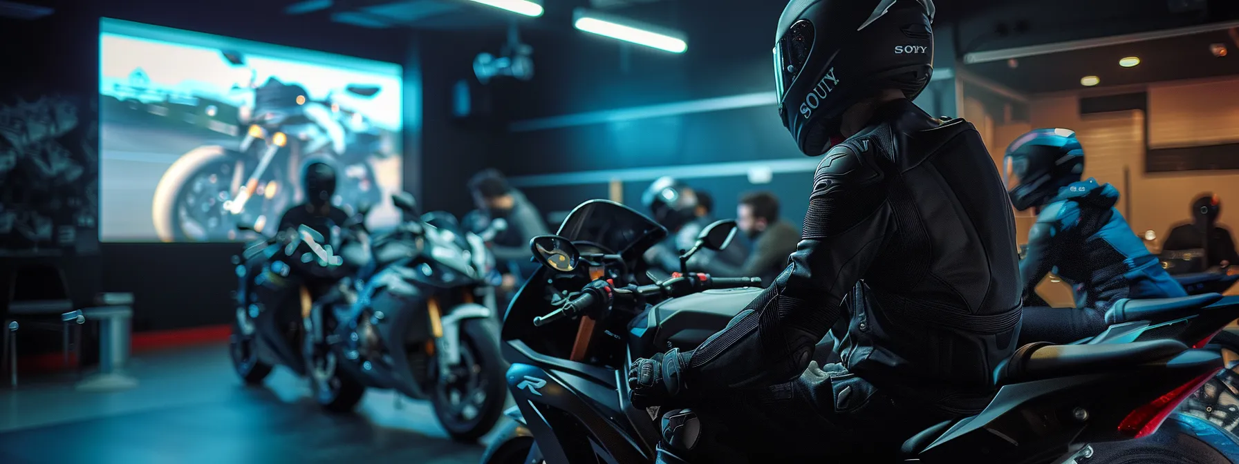 a group of beginner riders learning about the api gateway of their motorcycles in an interactive class at mts sussex.