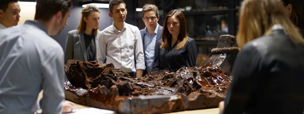 business professionals gathered around a large anchor made out of gourmet artisan chocolate, discussing sustainable and ethical sourcing practices in chocolate production.