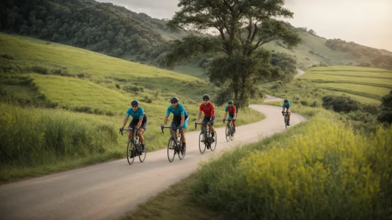 a group of cyclists navigates a winding rural road against a backdrop of lush green countryside.